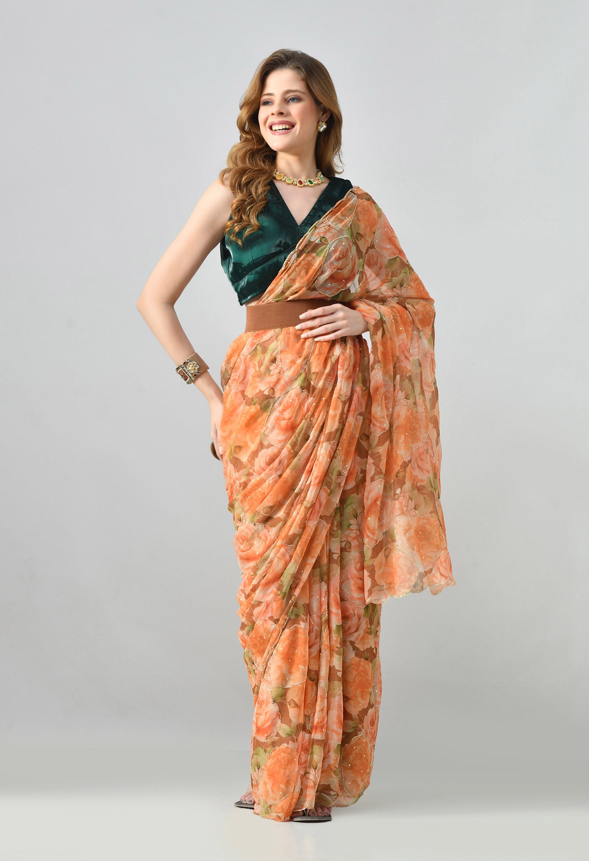 Digital Printed Yellow Chiffon Saree