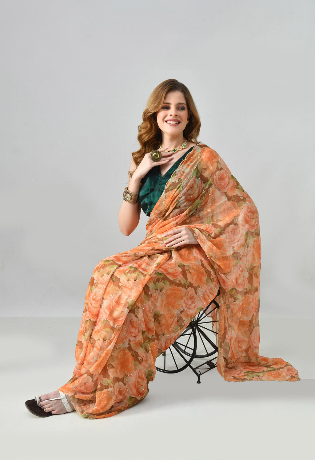 Digital Printed Yellow Chiffon Saree