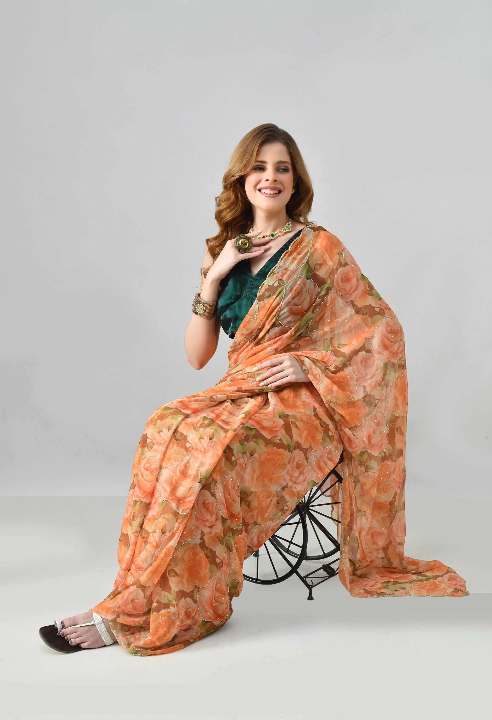 Digital Printed Yellow Chiffon Saree