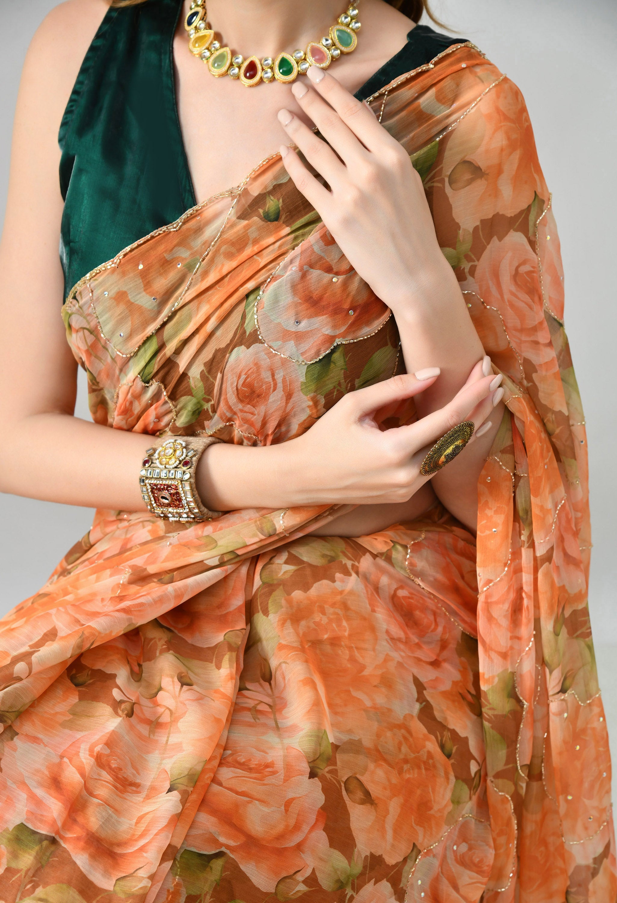 Digital Printed Yellow Chiffon Saree