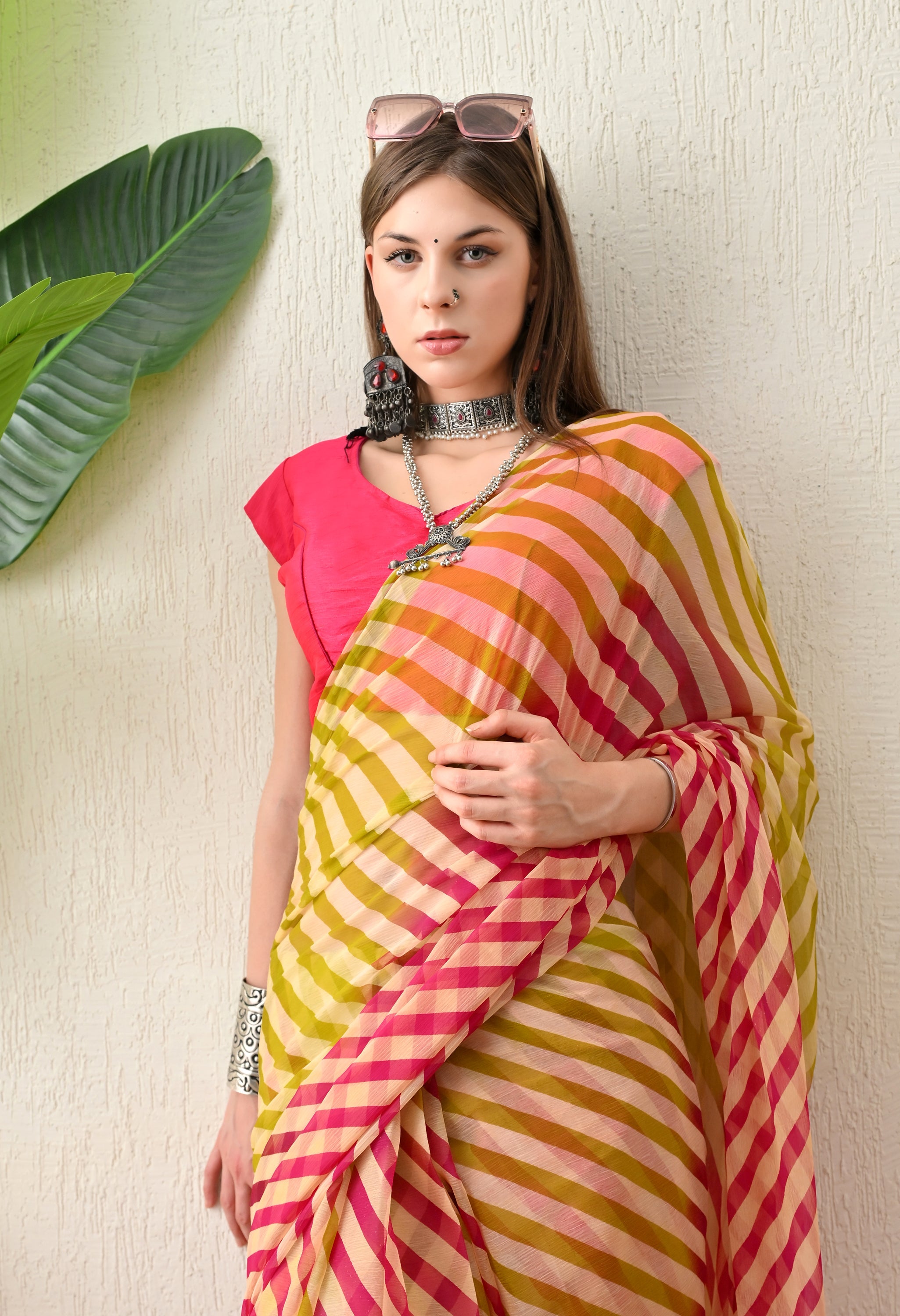 Red Flame Tie & Dye Leheriya Chiffon Saree