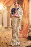 Bone Beige Banarasi Satin Silk Saree with Embroidery Blouse