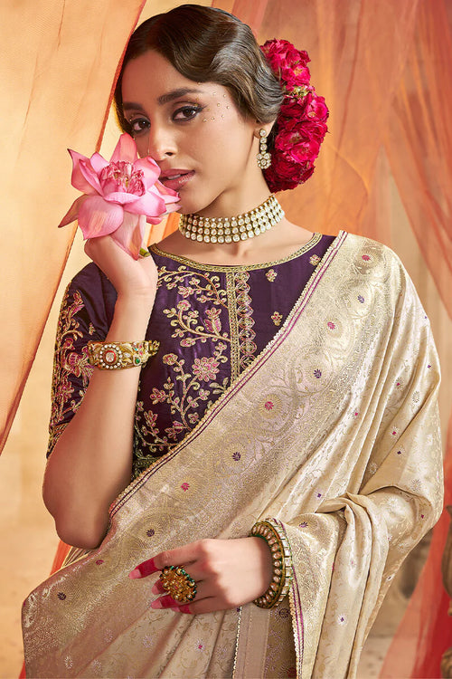 Bone Beige Banarasi Satin Silk Saree with Embroidery Blouse