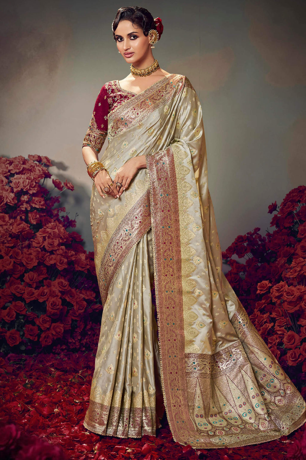 Bronco Beige Banarasi Satin Silk Saree With Fancy Lace Border and Embroidery Blouse
