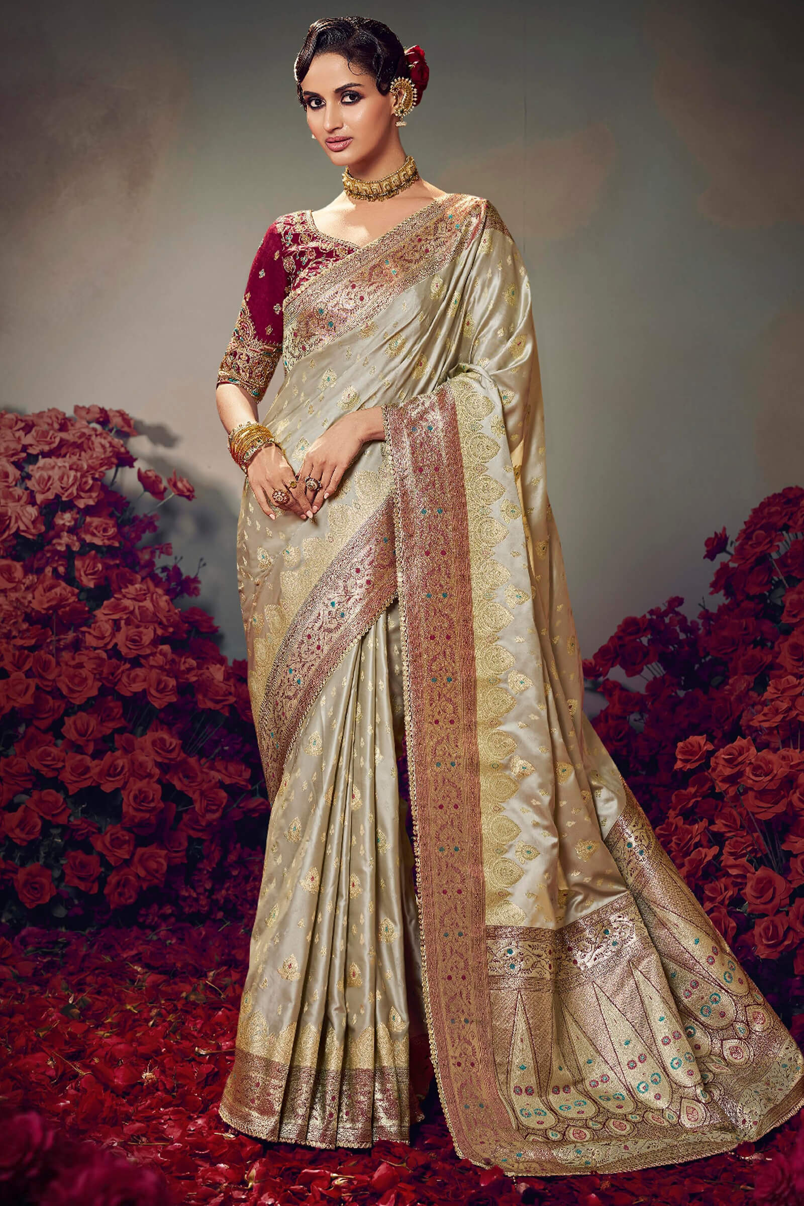Bronco Beige Banarasi Satin Silk Saree With Fancy Lace Border and Embroidery Blouse