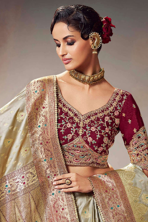 Bronco Beige Banarasi Satin Silk Saree With Fancy Lace Border and Embroidery Blouse