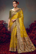 Dark Gold Banarasi Satin Silk Saree With Fancy Lace Border and Embroidery Blouse