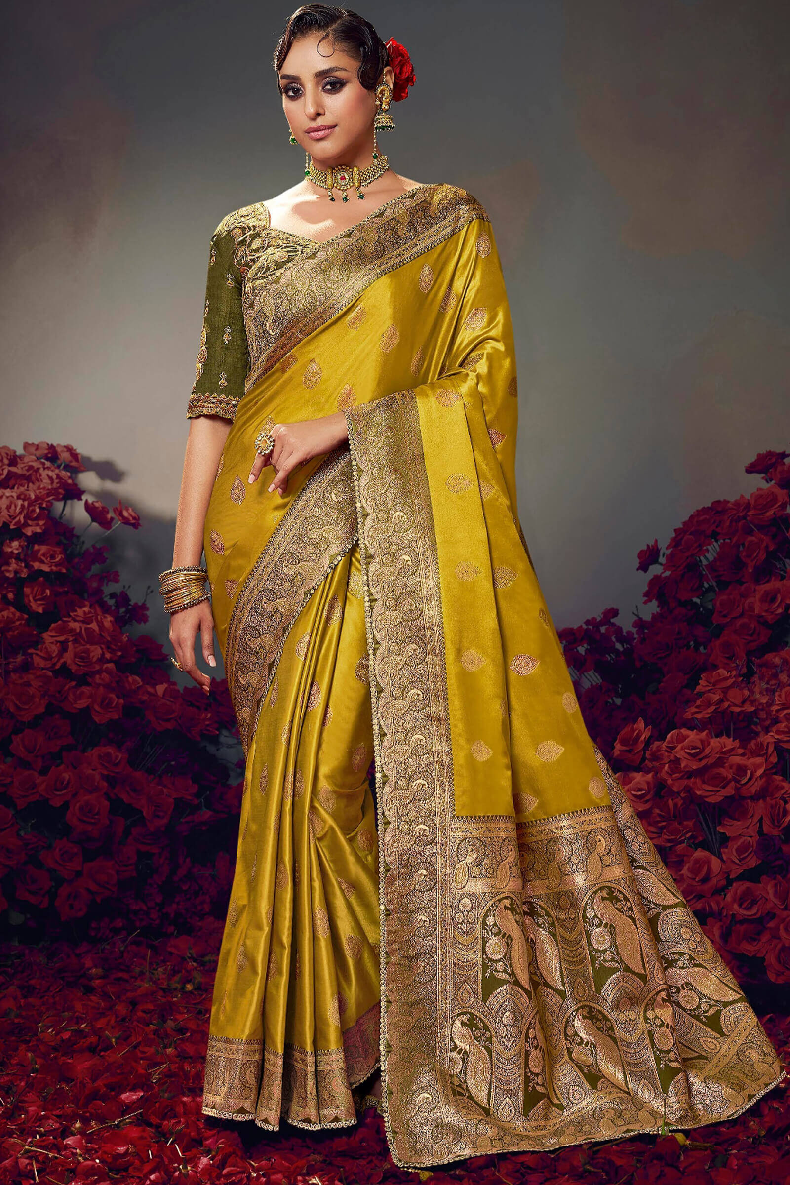 Dark Gold Banarasi Satin Silk Saree With Fancy Lace Border and Embroidery Blouse