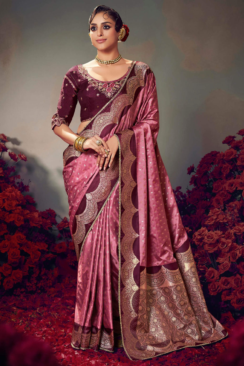Oriental Pink Banarasi Satin Silk Saree With Fancy Lace Border and Embroidery Blouse