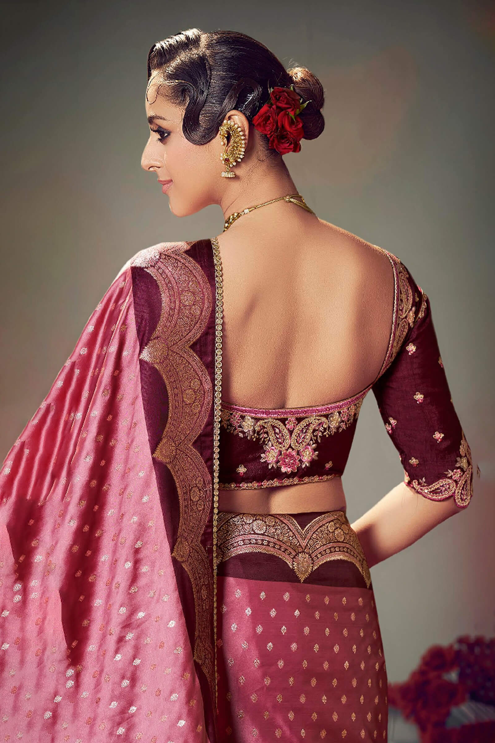 Oriental Pink Banarasi Satin Silk Saree With Fancy Lace Border and Embroidery Blouse