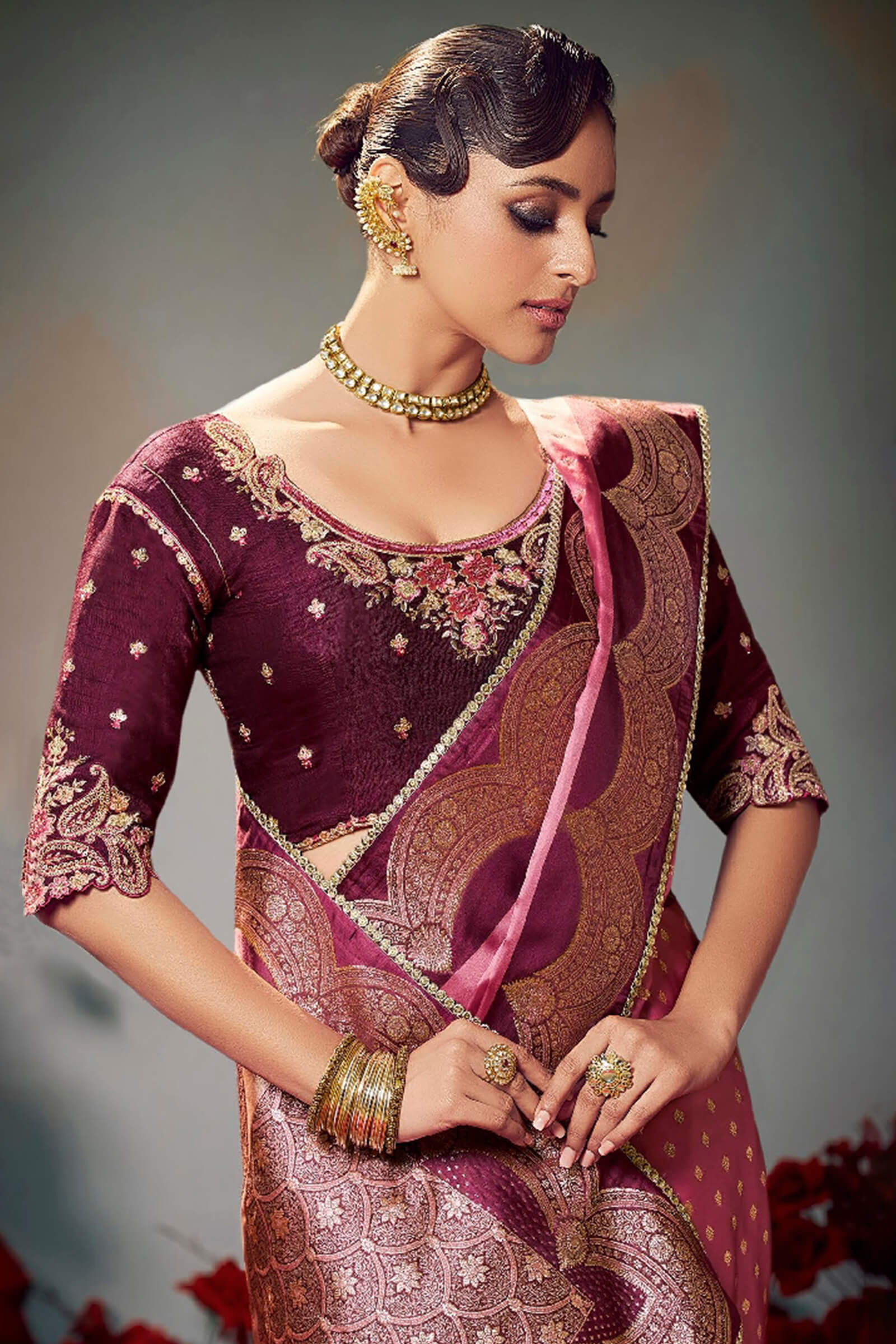 Oriental Pink Banarasi Satin Silk Saree With Fancy Lace Border and Embroidery Blouse