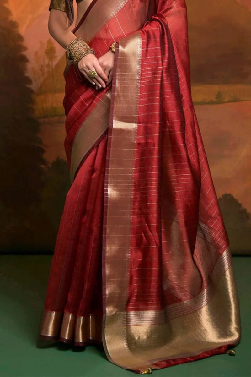 Pastel Red Zari Woven Banarasi Silk Saree