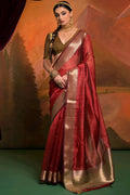 Pastel Red Zari Woven Banarasi Silk Saree