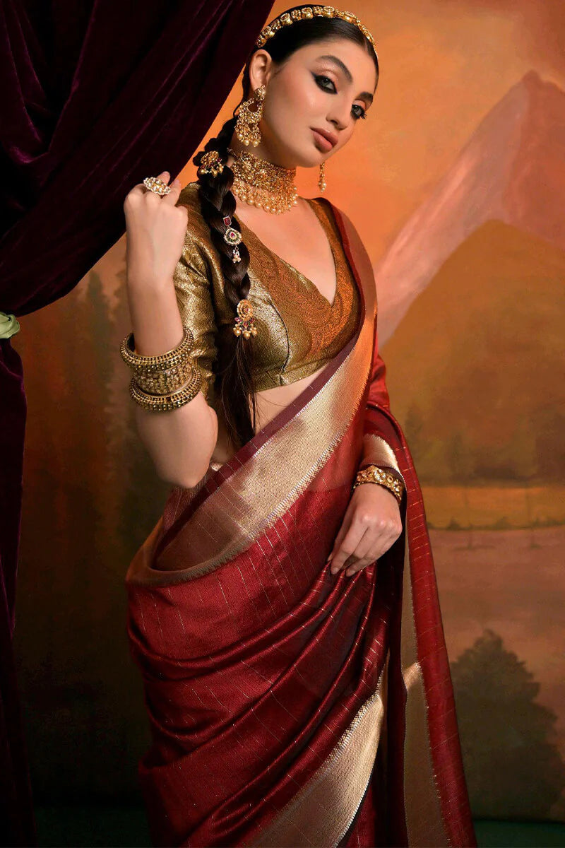 Pastel Red Zari Woven Banarasi Silk Saree