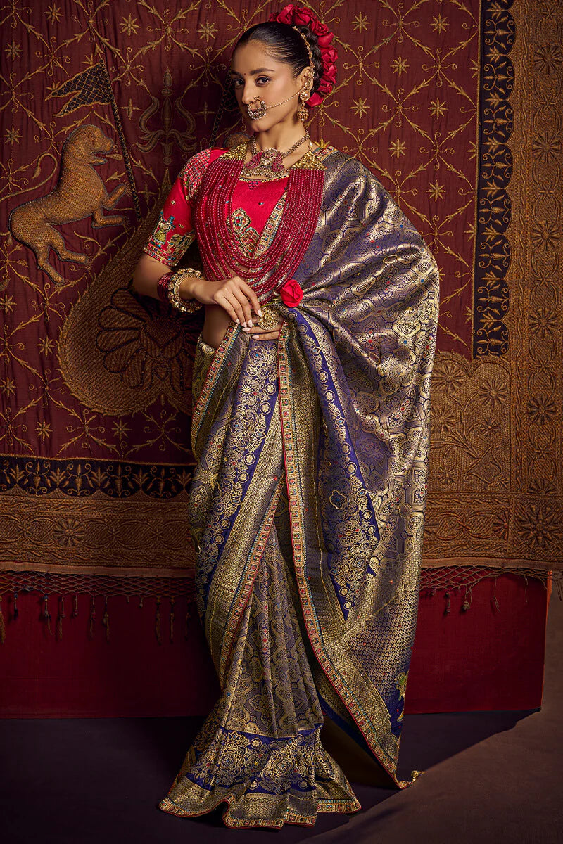 Rhino Blue Pure Viscose Dola Silk Saree With Embroidery Blouse