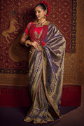 Rhino Blue Pure Viscose Dola Silk Saree With Embroidery Blouse