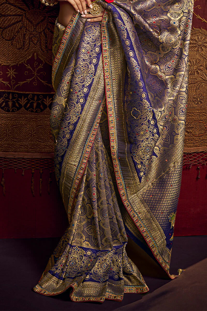 Rhino Blue Pure Viscose Dola Silk Saree With Embroidery Blouse