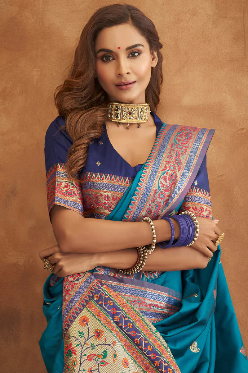 Sherpa Blue Zari Woven Banarasi Silk Saree