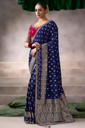 Zodiac Blue Zari Woven Pure Crape Silk Saree with Designer Blouse Piece
